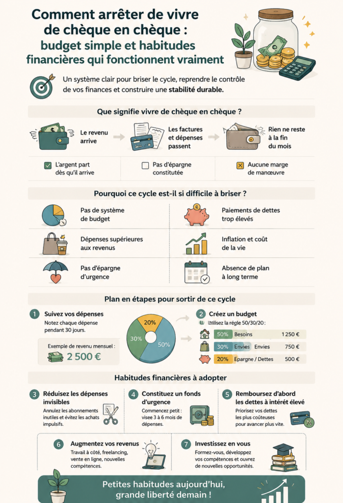 Femme souriante au bureau, en train de gérer ses finances avec un ordinateur et des documents.