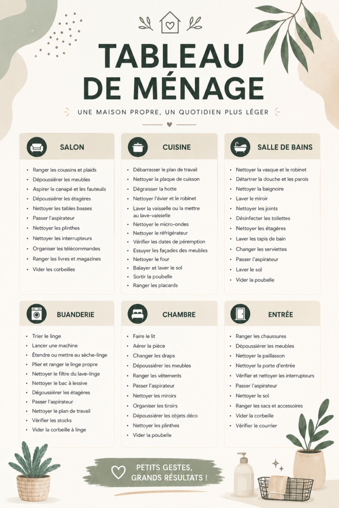 Tableau de ménage coloré affiché dans une cuisine bien organisée, illustrant la planification domestique.