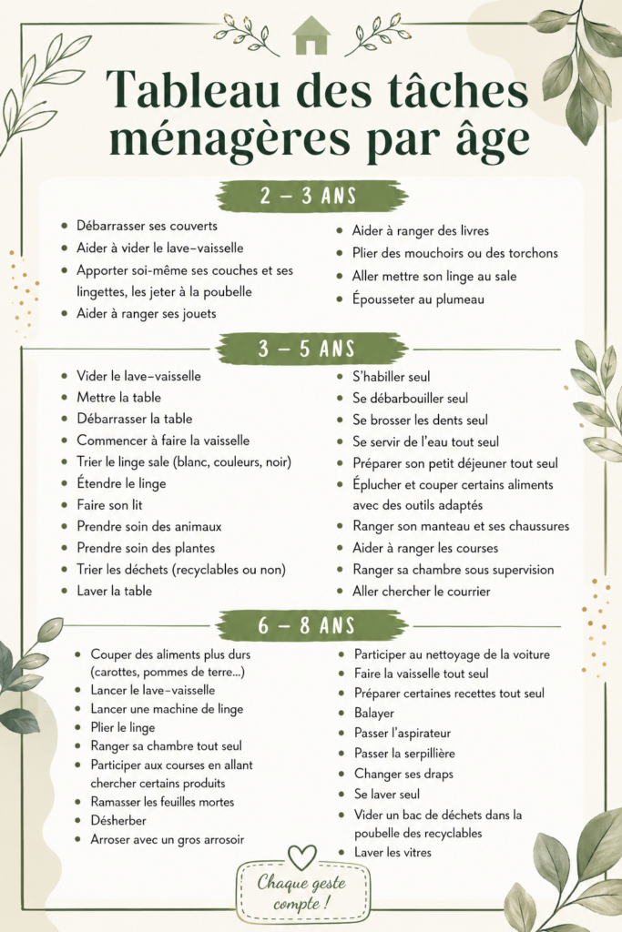 Tableau des tâches ménagères illustrant les responsabilités par âge dans une maison familiale.