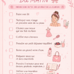 Femme tenant une tasse de café en consultant sa to-do liste du matin sur une table.