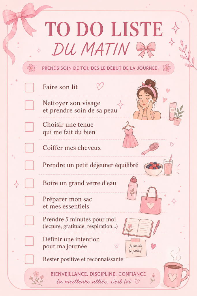 Femme tenant une tasse de café en consultant sa to-do liste du matin sur une table.