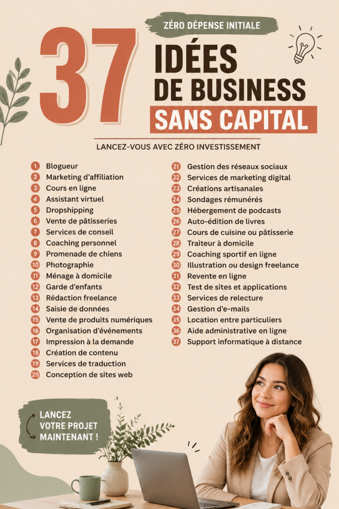 Une femme souriante réfléchissant à des idées de business sans frais