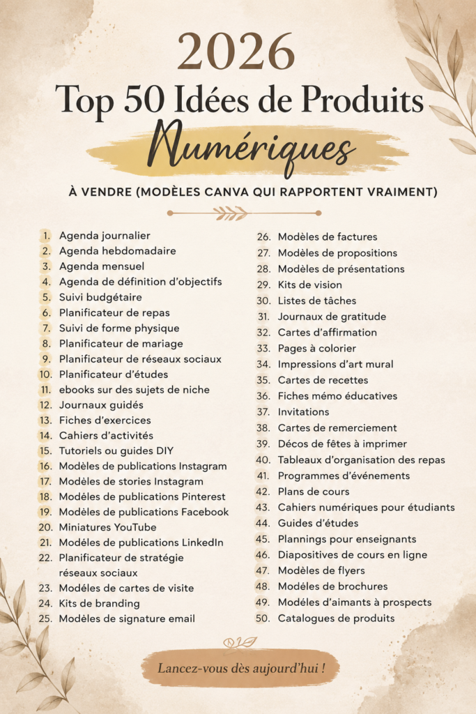 Idées de produits numériques à vendre avec modèles Canva pour 2026.