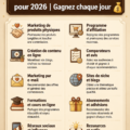 Illustration d'une femme travaillant sur son ordinateur avec des graphiques de revenus d'affiliation en arrière-plan.