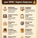 Illustration d'une femme travaillant sur son ordinateur avec des graphiques de revenus d'affiliation en arrière-plan.