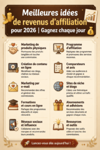 Illustration d'une femme travaillant sur son ordinateur avec des graphiques de revenus d'affiliation en arrière-plan.