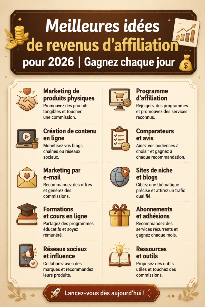 Illustration d'une femme travaillant sur son ordinateur avec des graphiques de revenus d'affiliation en arrière-plan.