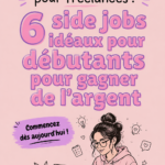 Femme souriante travaillant sur son ordinateur en tant que freelance, avec des notes et un café à portée de main.