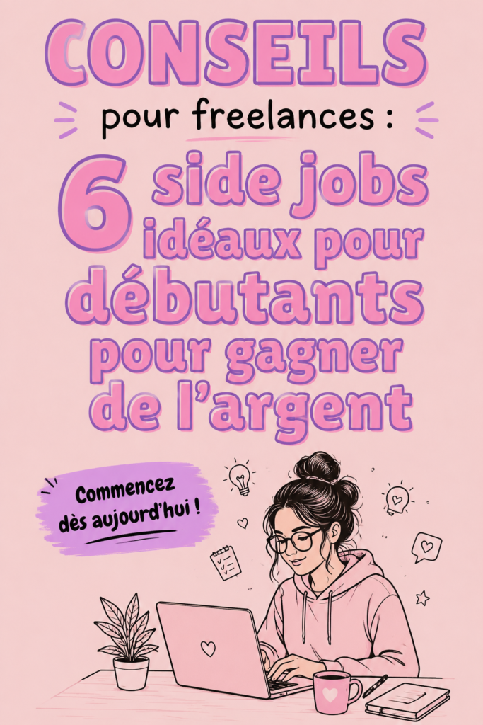 Femme souriante travaillant sur son ordinateur en tant que freelance, avec des notes et un café à portée de main.