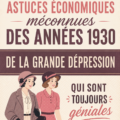 Une femme examinant un livre ancien avec des astuces d'économie des années 30