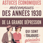 Une femme examinant un livre ancien avec des astuces d'économie des années 30