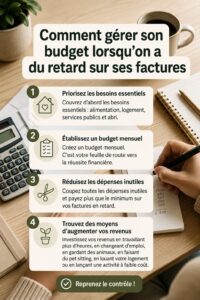 femme examinant des factures avec un ordinateur et un carnet pour établir son budget