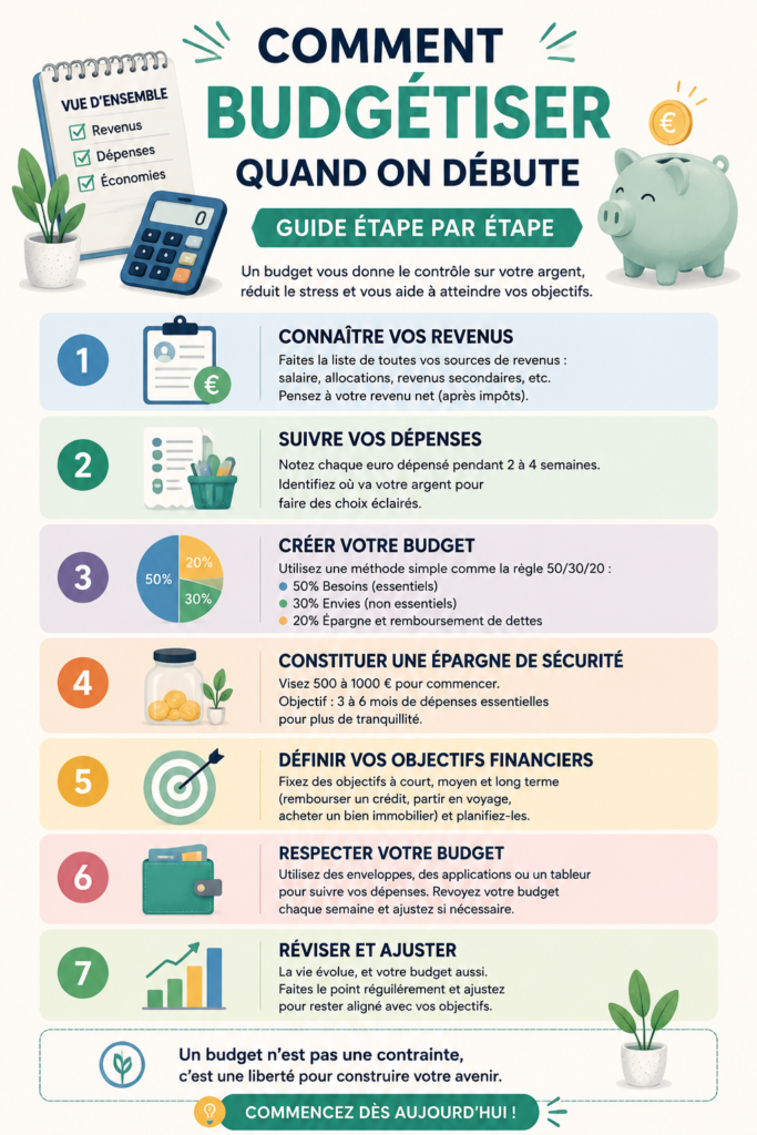 Femme souriante tenant un budget et un crayon, illustrant la gestion de finances personnelles.