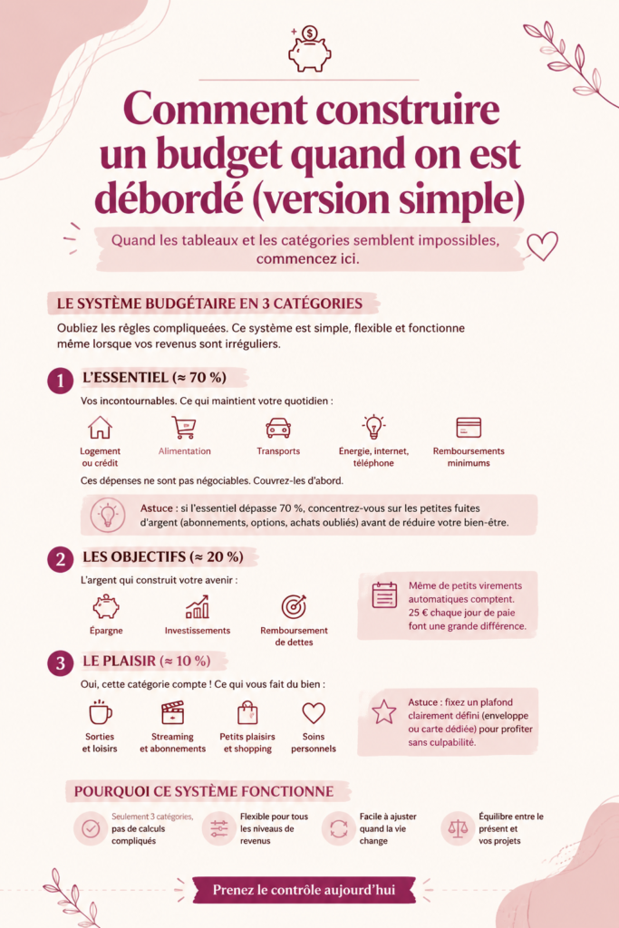 Femme heureuse en train de gérer son budget sur son ordinateur, entourée de notes et de café.