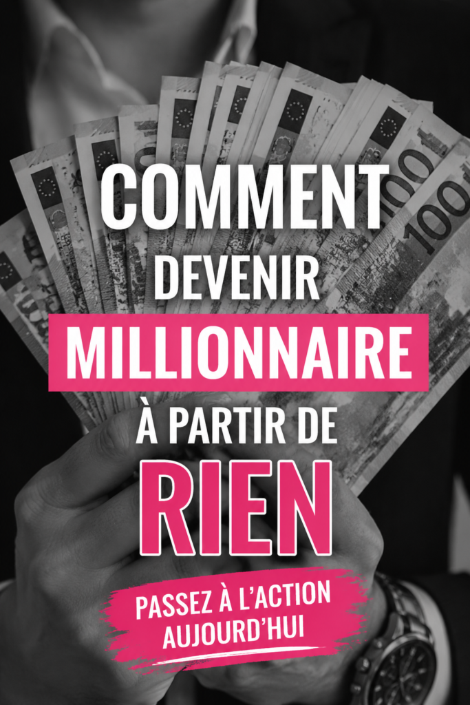 Femme réfléchissant à sa stratégie financière pour devenir millionnaire, entourée de livres et de notes.