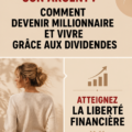 Image d'une femme réfléchissant à des investissements financiers avec des graphiques de dividendes en arrière-plan.