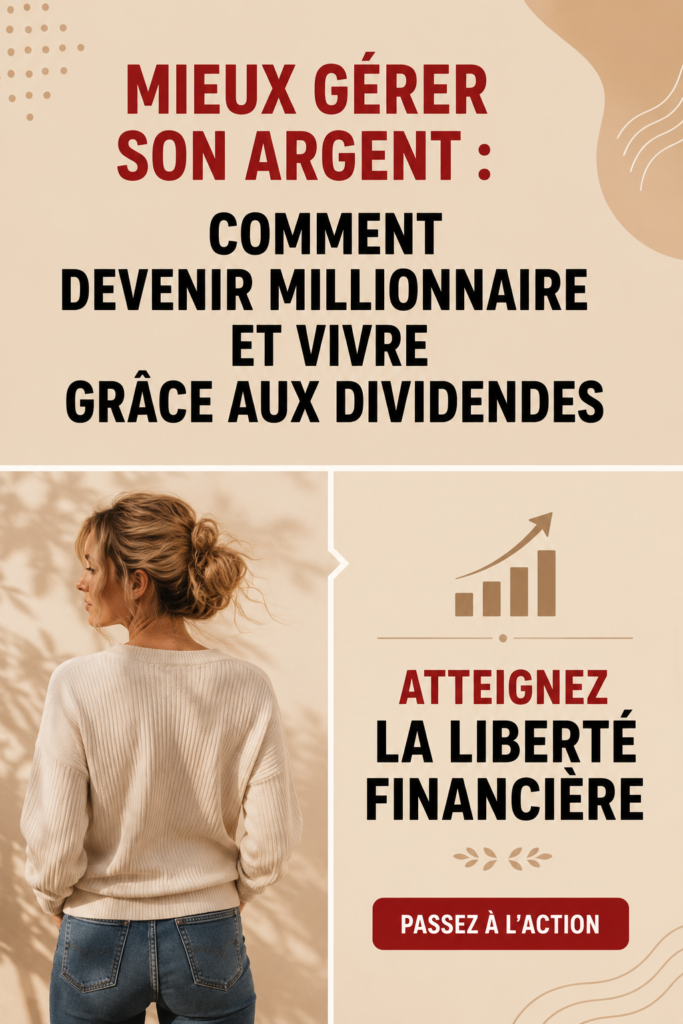 Image d'une femme réfléchissant à des investissements financiers avec des graphiques de dividendes en arrière-plan.