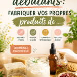 Femme créant ses propres produits de soin dans sa cuisine avec des ingrédients naturels.
