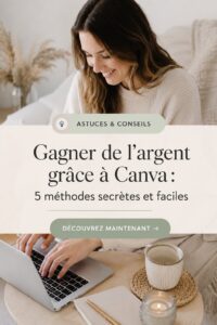 Une femme utilisant Canva sur son ordinateur pour créer des designs et gagner de l'argent.