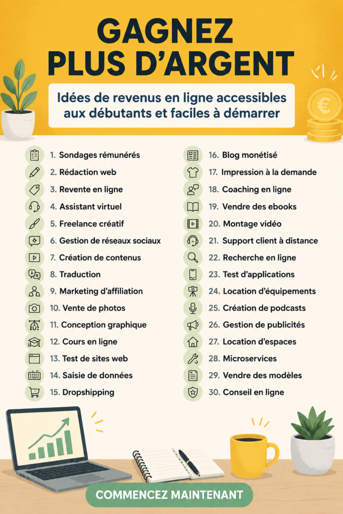 Femme souriante utilisant un ordinateur portable pour trouver des idées de revenus en ligne.