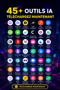 Une sélection d'outils d'IA sur un bureau, prêts à être téléchargés pour faciliter la gestion quotidienne.