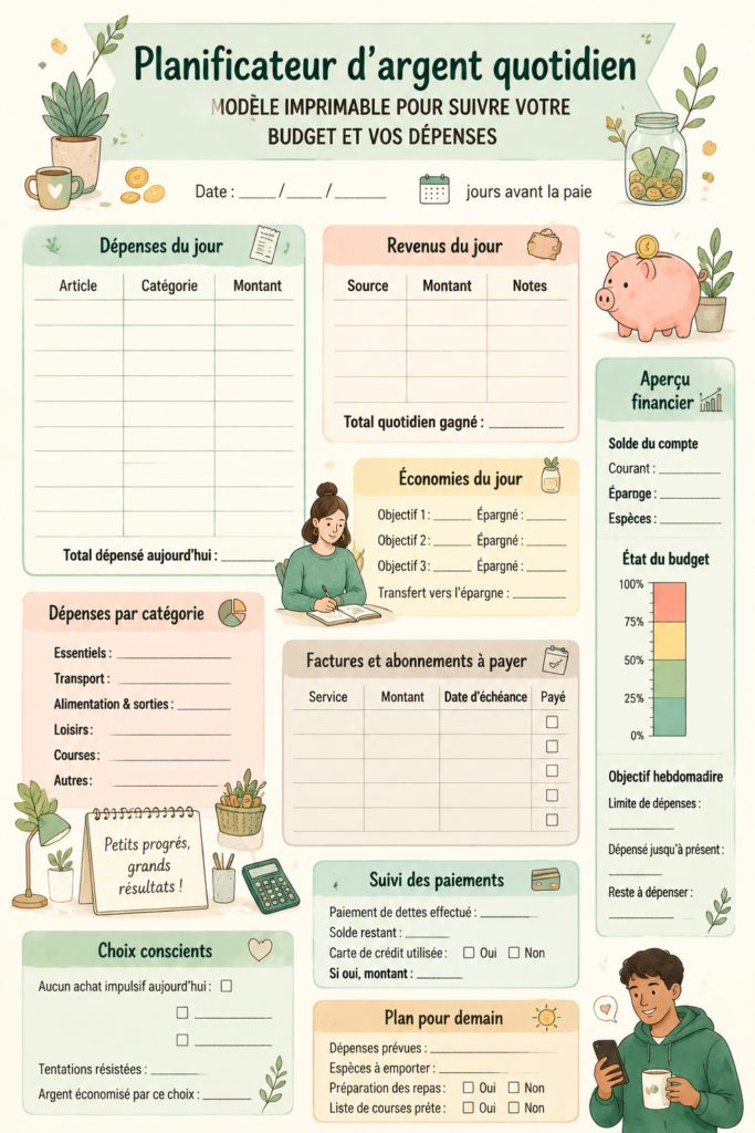 Un planner financier ouvert avec des notes et un stylo. Idéal pour organiser son budget.
