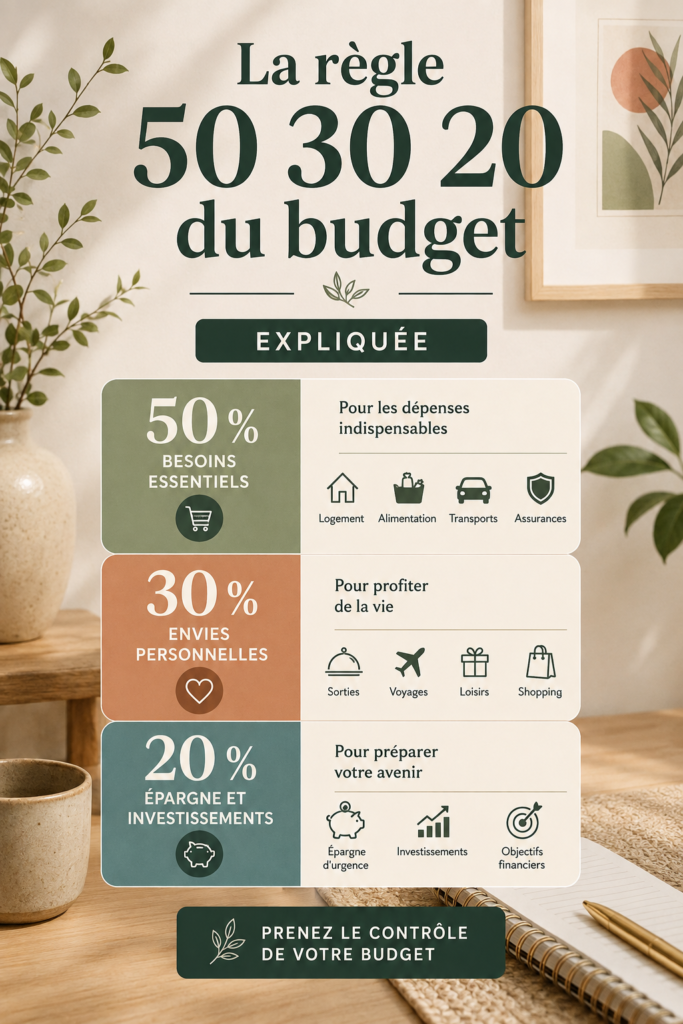 Graphique illustratif de la règle budgétaire 50-30-20 pour aider à gérer les finances personnelles.