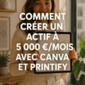 Un visuel coloré illustrant une boutique en ligne avec des produits créés sur Canva et Printify.