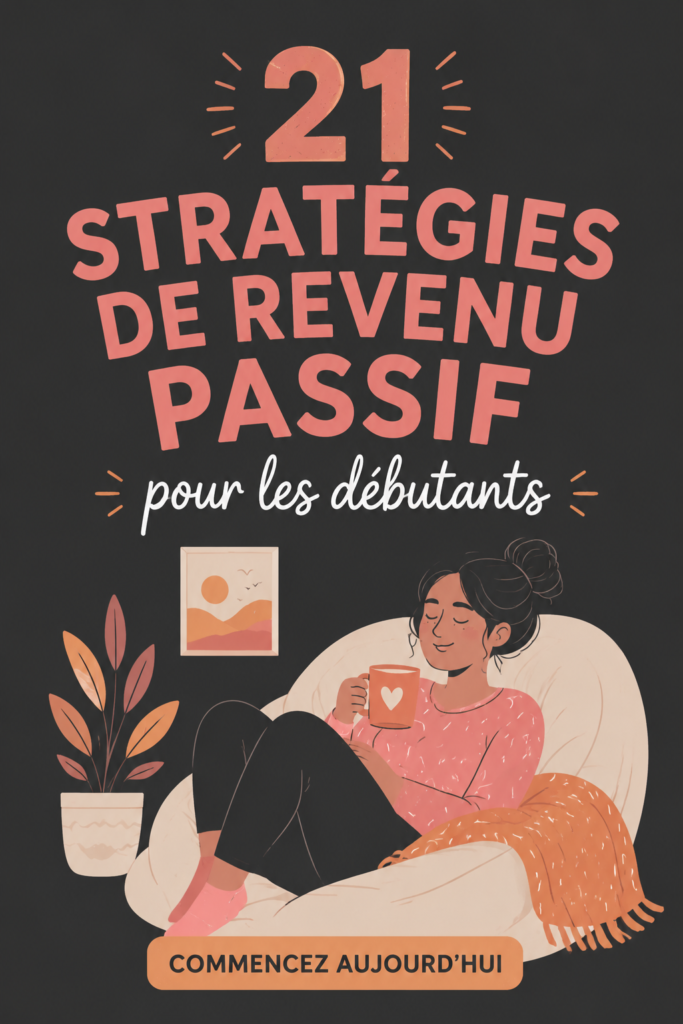 Une femme souriante, installée dans un coin cosy, lisant un livre sur les revenus passifs.