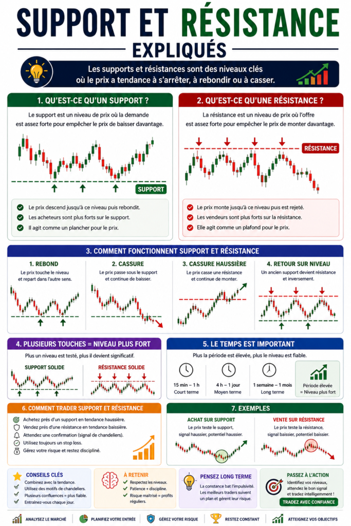 Graphique montrant les niveaux de support et résistance en trading