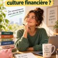 Une femme souriante consultant des ressources pour améliorer sa culture financière.