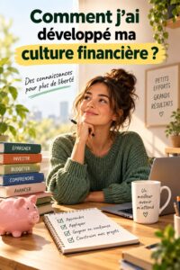 Une femme souriante consultant des ressources pour améliorer sa culture financière.