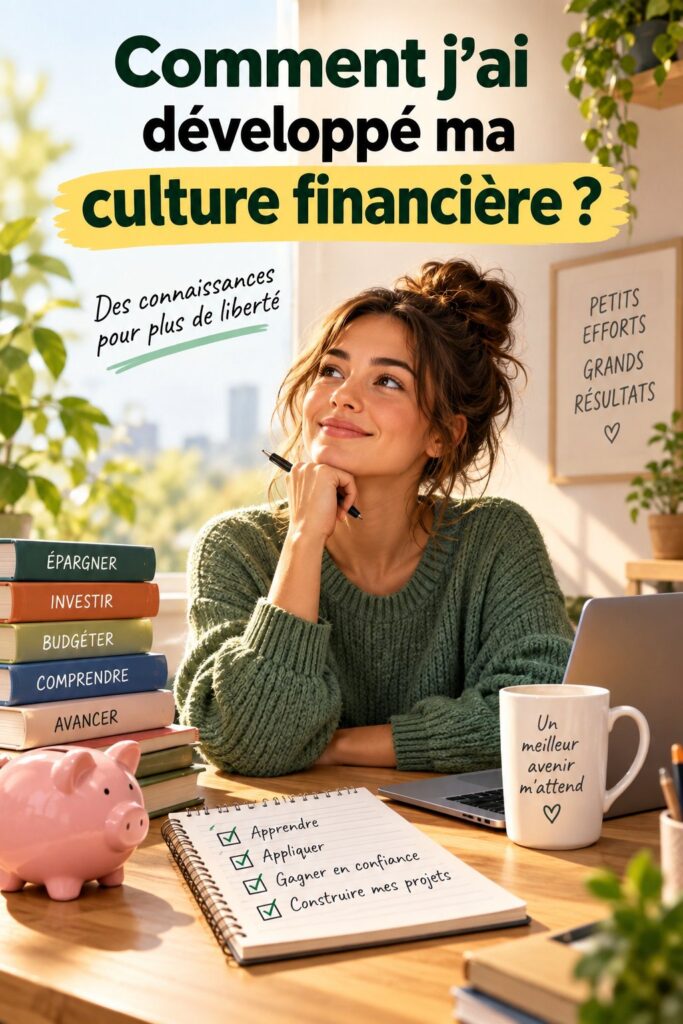 Une femme souriante consultant des ressources pour améliorer sa culture financière.