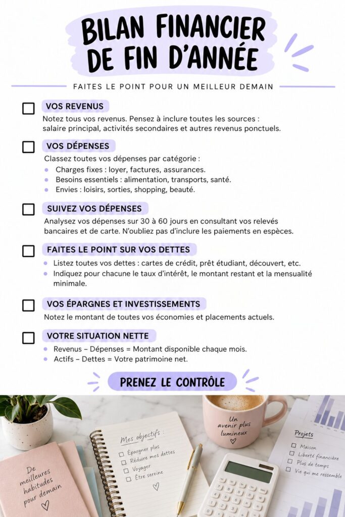 Femme faisant un audit financier à son bureau, bilan de fin d'année.