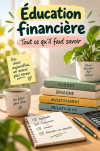 Femme lisant un livre sur la finance personnelle avec un carnet et un stylo.
