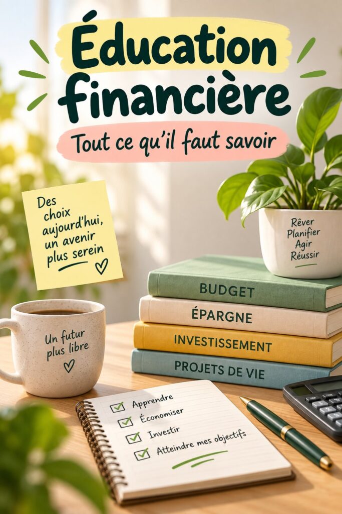 Femme lisant un livre sur la finance personnelle avec un carnet et un stylo.