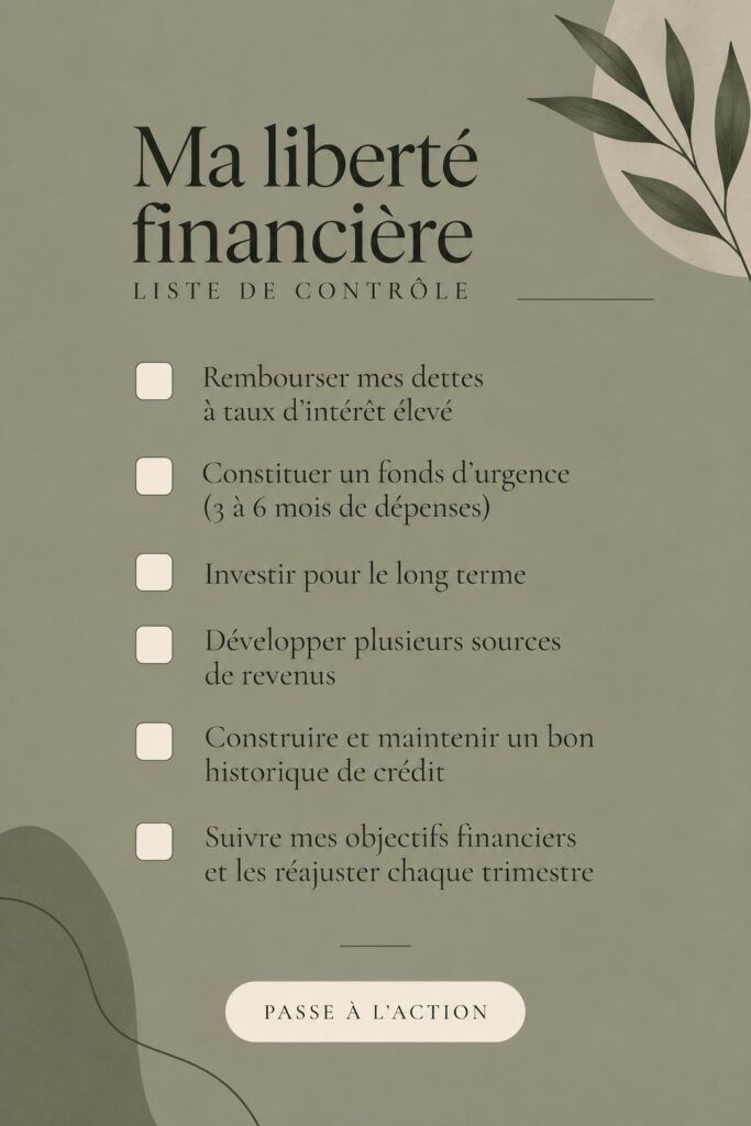 Checklist visuelle pour atteindre la liberté financière avec des étapes pratiques.