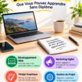 Femme en train d'apprendre sur un ordinateur, symbolisant l'acquisition de nouvelles compétences.