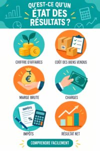 Illustration d'un compte de résultat avec des graphiques et des chiffres financiers.