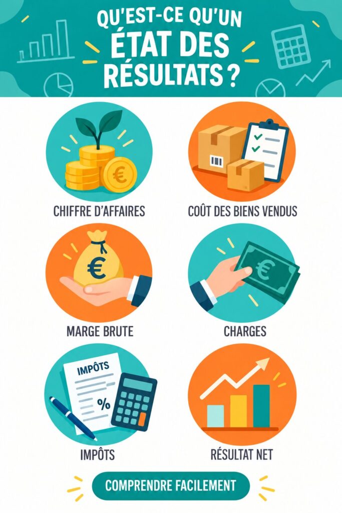 Illustration d'un compte de résultat avec des graphiques et des chiffres financiers.