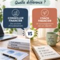 Comparaison entre un conseiller financier et un coach financier sur un fond chaleureux.