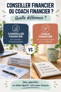Comparaison entre un conseiller financier et un coach financier sur un fond chaleureux.
