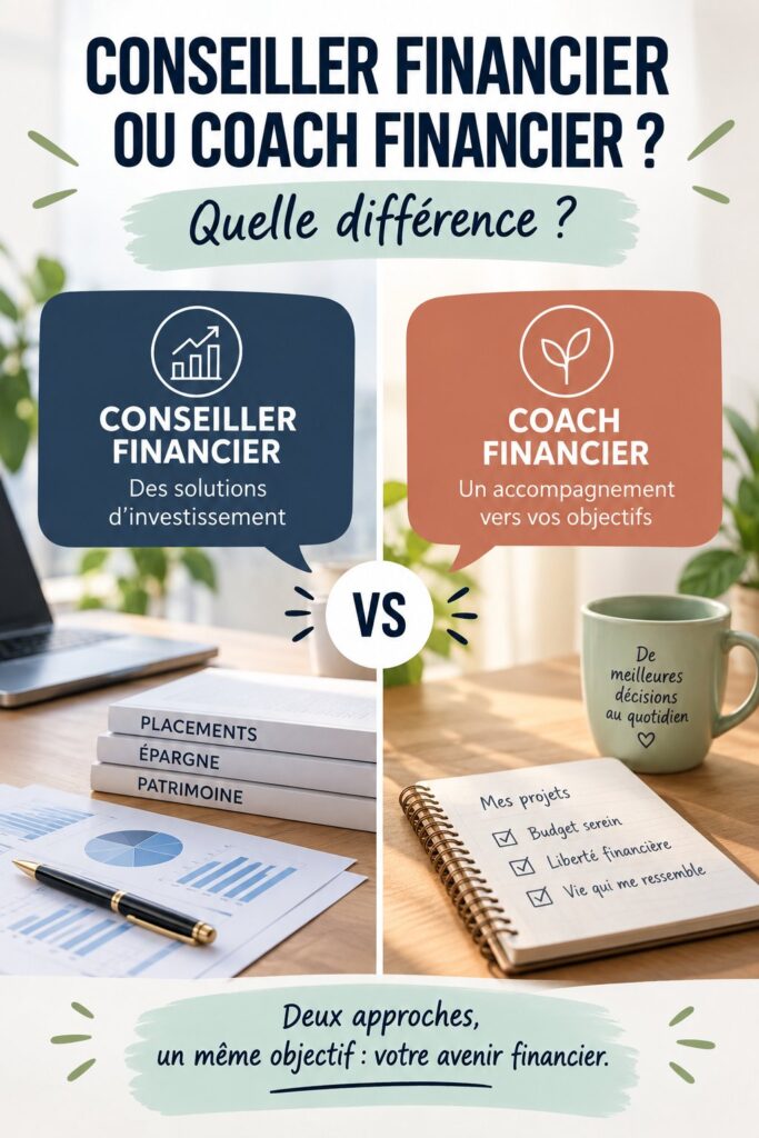 Comparaison entre un conseiller financier et un coach financier sur un fond chaleureux.