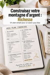 Femme souriante analysant ses finances avec un ordinateur et un carnet.