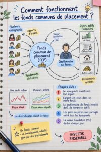 Femme souriante consultant des documents financiers sur un bureau, représentant l'investissement dans des fonds communs de placement.