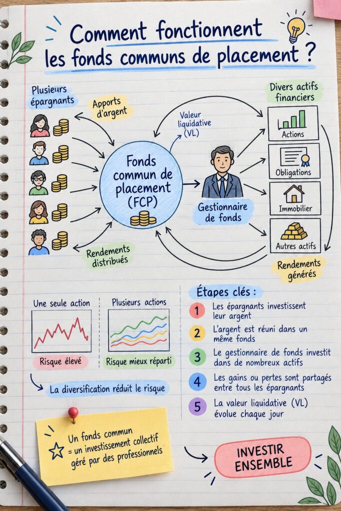 Femme souriante consultant des documents financiers sur un bureau, représentant l'investissement dans des fonds communs de placement.