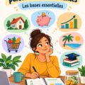 Femme souriante travaillant sur son budget financier avec un ordinateur et un carnet.