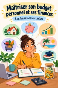 Femme souriante travaillant sur son budget financier avec un ordinateur et un carnet.