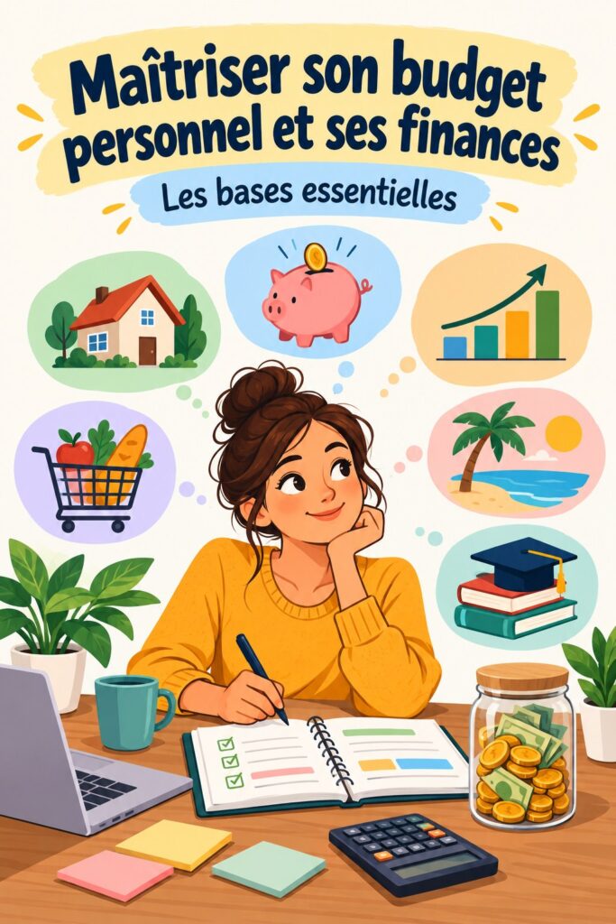 Femme souriante travaillant sur son budget financier avec un ordinateur et un carnet.