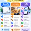 Visuel montrant les logos de Google, Amazon et Meta sur un fond moderne.
